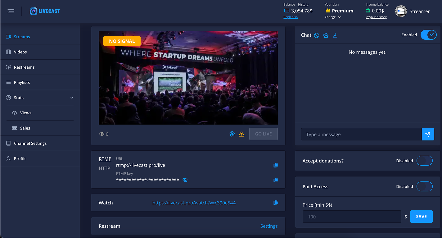 LiveCast Dashboard - Live Stream Control
